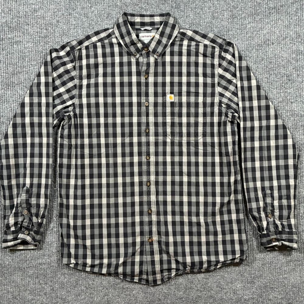 Carhartt Mens Button Down Shirt Size L Black Plaid Relaxed‎ Fit Long Sleeve